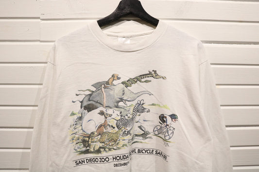 San-Diego Zoo Long Sleeve T-Shirt | Vintage 1990s Holiday-Bowl Bicycle Safari Animal Graphic Tee | Classic Zoo Event Wear