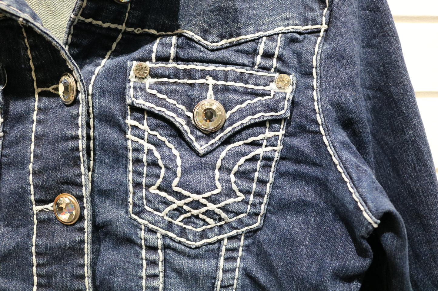 L.A.-Idol-USA Denim Jean Jacket | Vintage Classic Contrast Stitch Western Denim | Rhinestone Buttons Outerwear