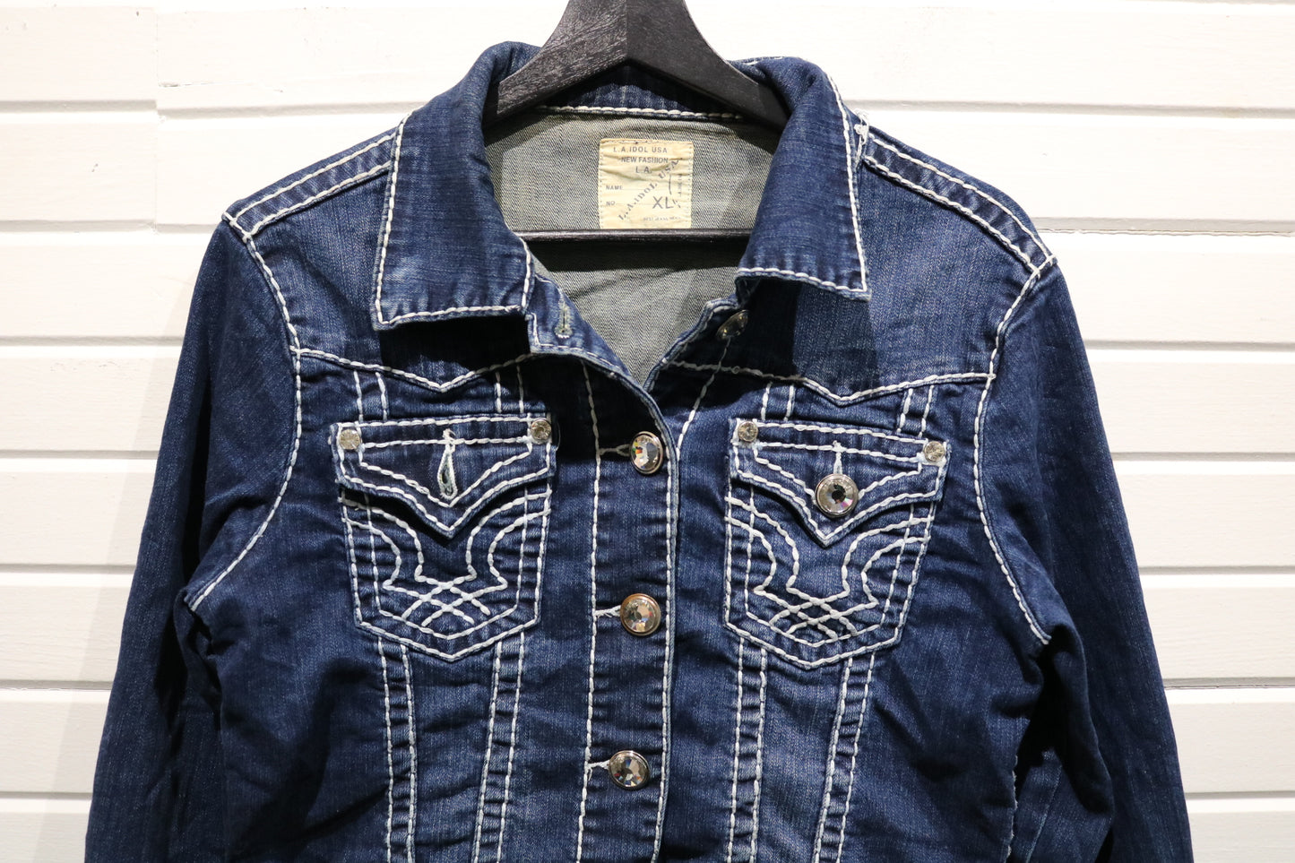 L.A.-Idol-USA Denim Jean Jacket | Vintage Classic Contrast Stitch Western Denim | Rhinestone Buttons Outerwear