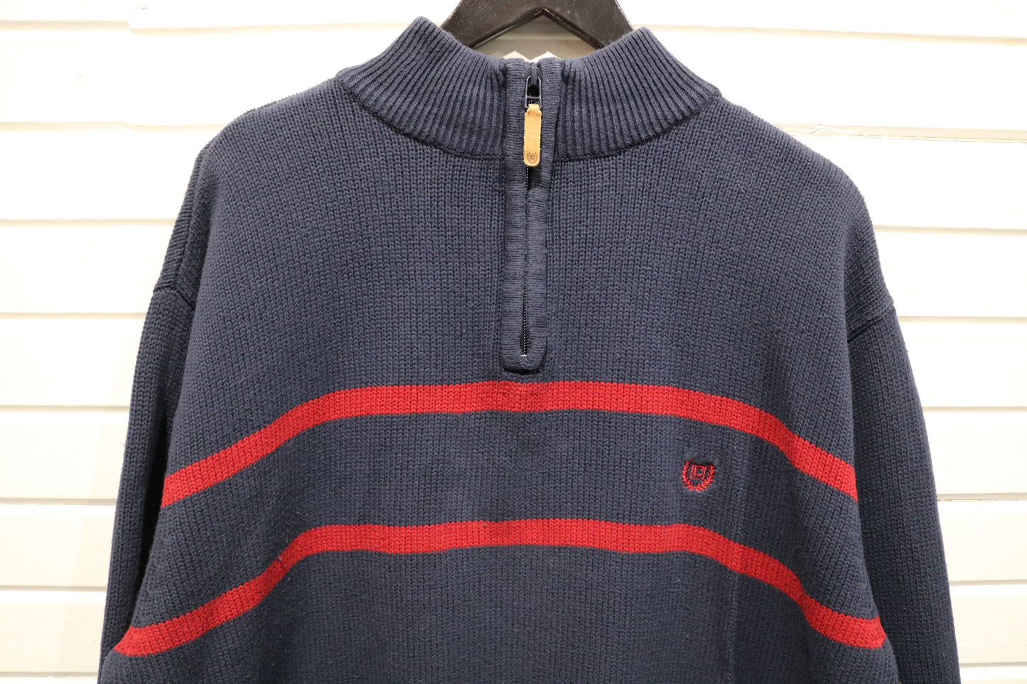 Chaps Sweater | Vintage 90s Half-Zip Knit Pullover | Navy Red Striped Crewneck Classic