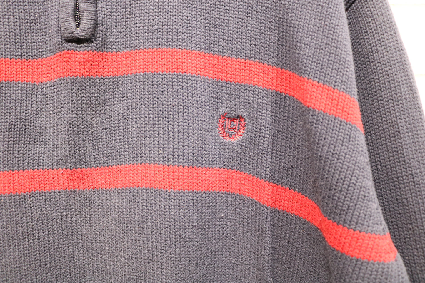 Chaps Sweater | Vintage 90s Half-Zip Knit Pullover | Navy Red Striped Crewneck Classic