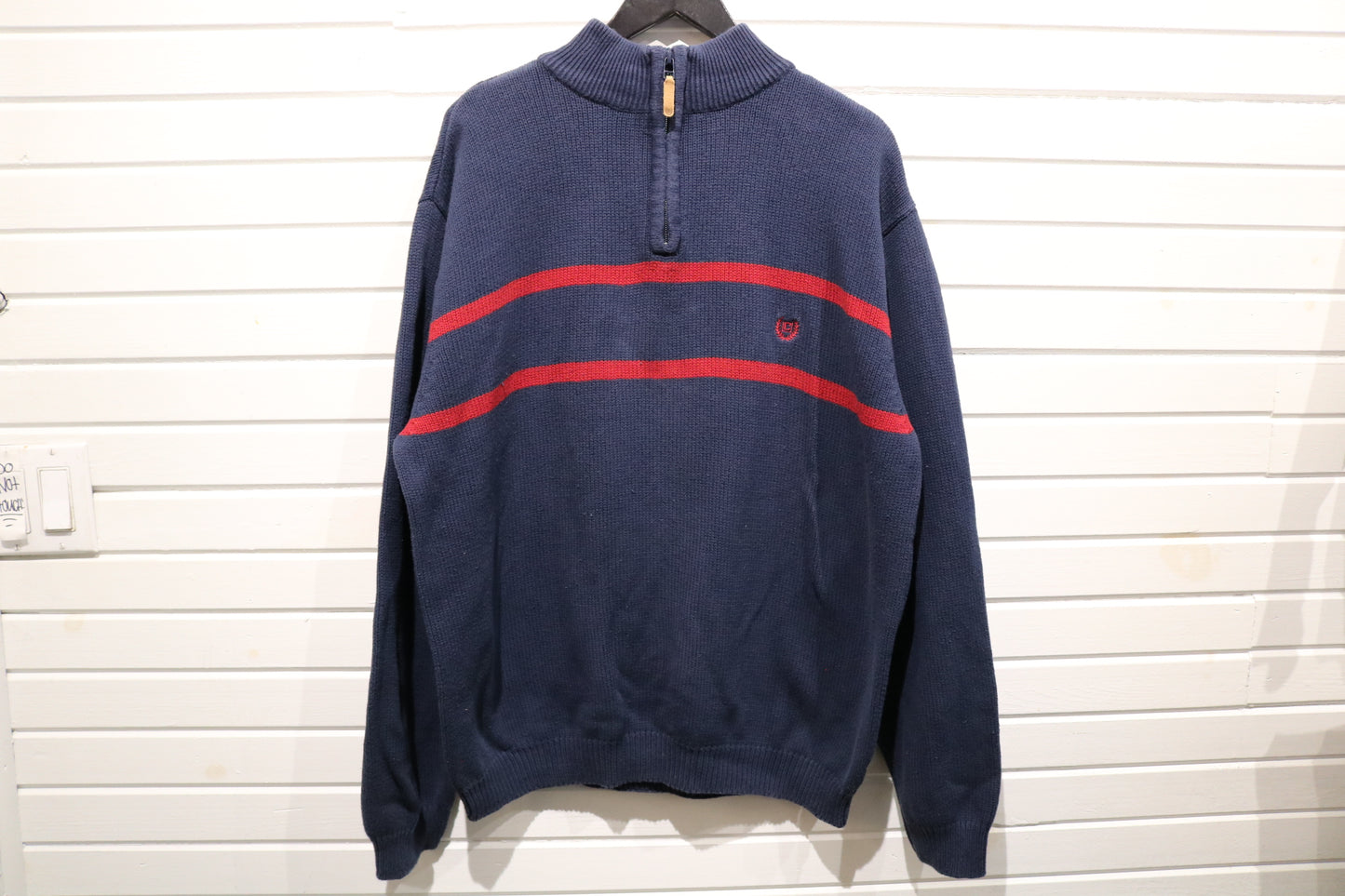 Chaps Sweater | Vintage 90s Half-Zip Knit Pullover | Navy Red Striped Crewneck Classic