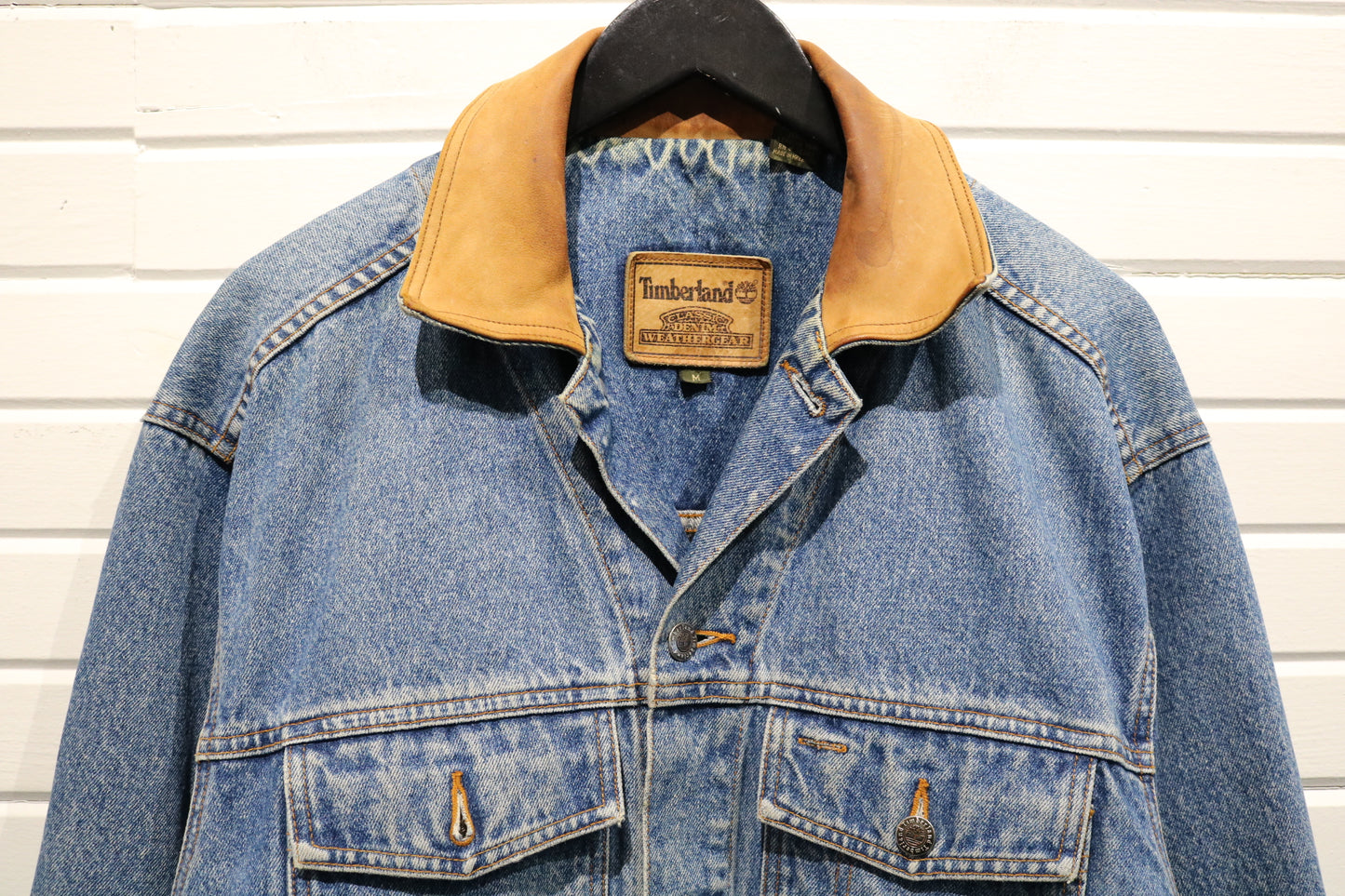 Timberland Denim Jacket | Vintage 90s Leather Collar Blue Jean Jacket | Classic Outdoor Style