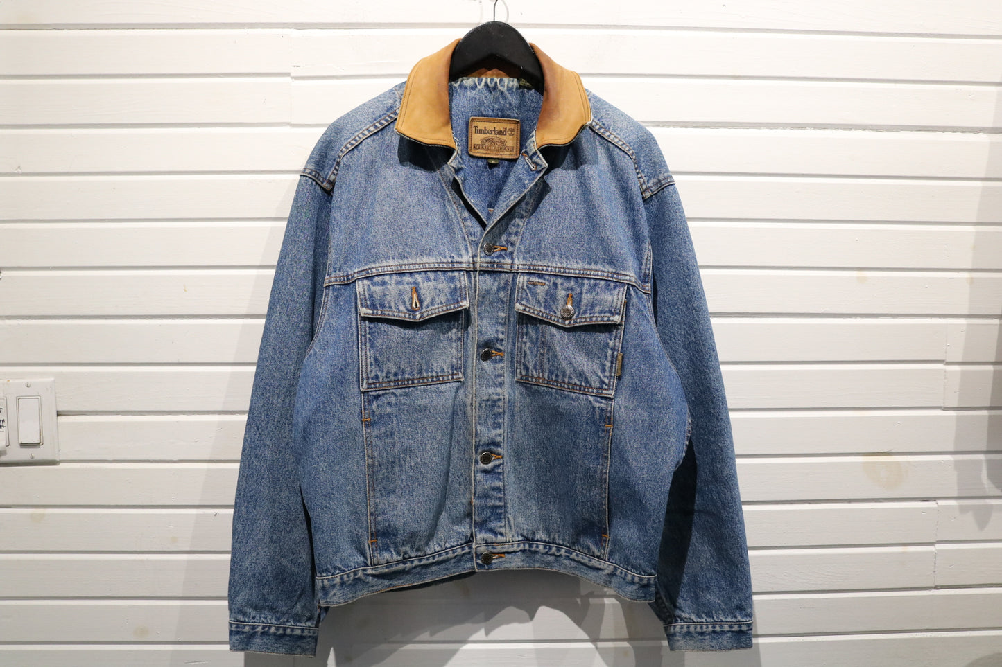 Timberland Denim Jacket | Vintage 90s Leather Collar Blue Jean Jacket | Classic Outdoor Style