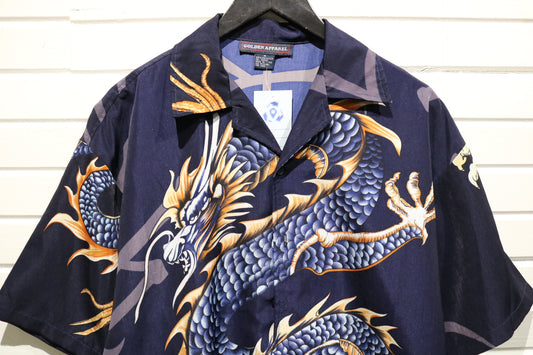 Golden-Apparel Dragon Button-Up Shirt | Vintage Asian-Inspired Graphic Short Sleeve Top | Bold Navy Blue Print