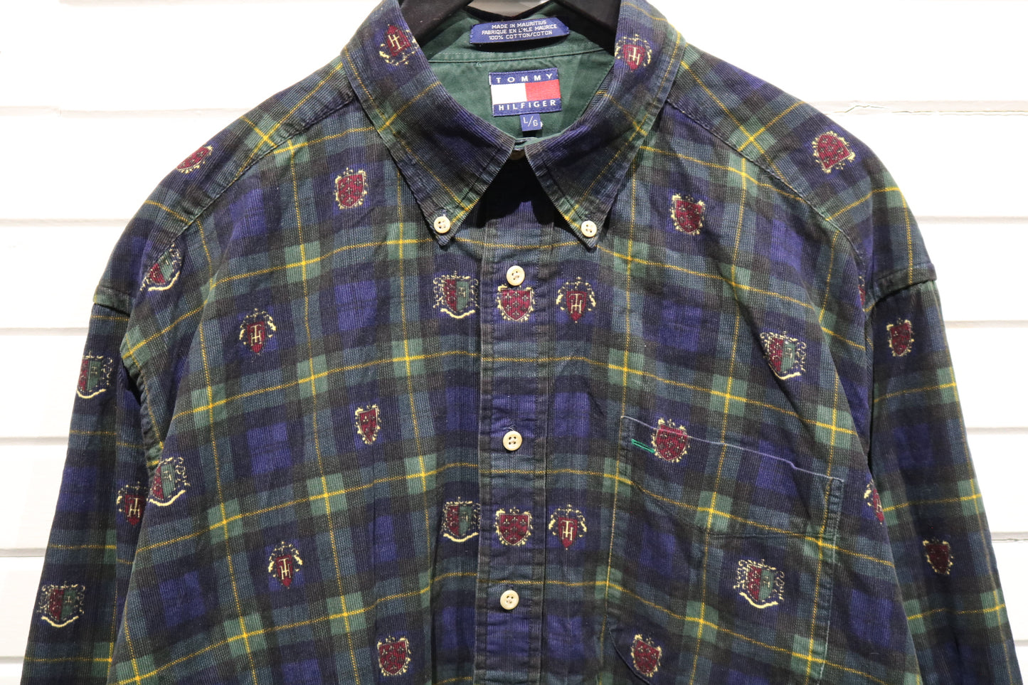 Tommy-Hilfiger Plaid Button-Up Shirt | Vintage 1990s Crest Embroidered Flannel Shirt | Men's Classic Preppy Wear