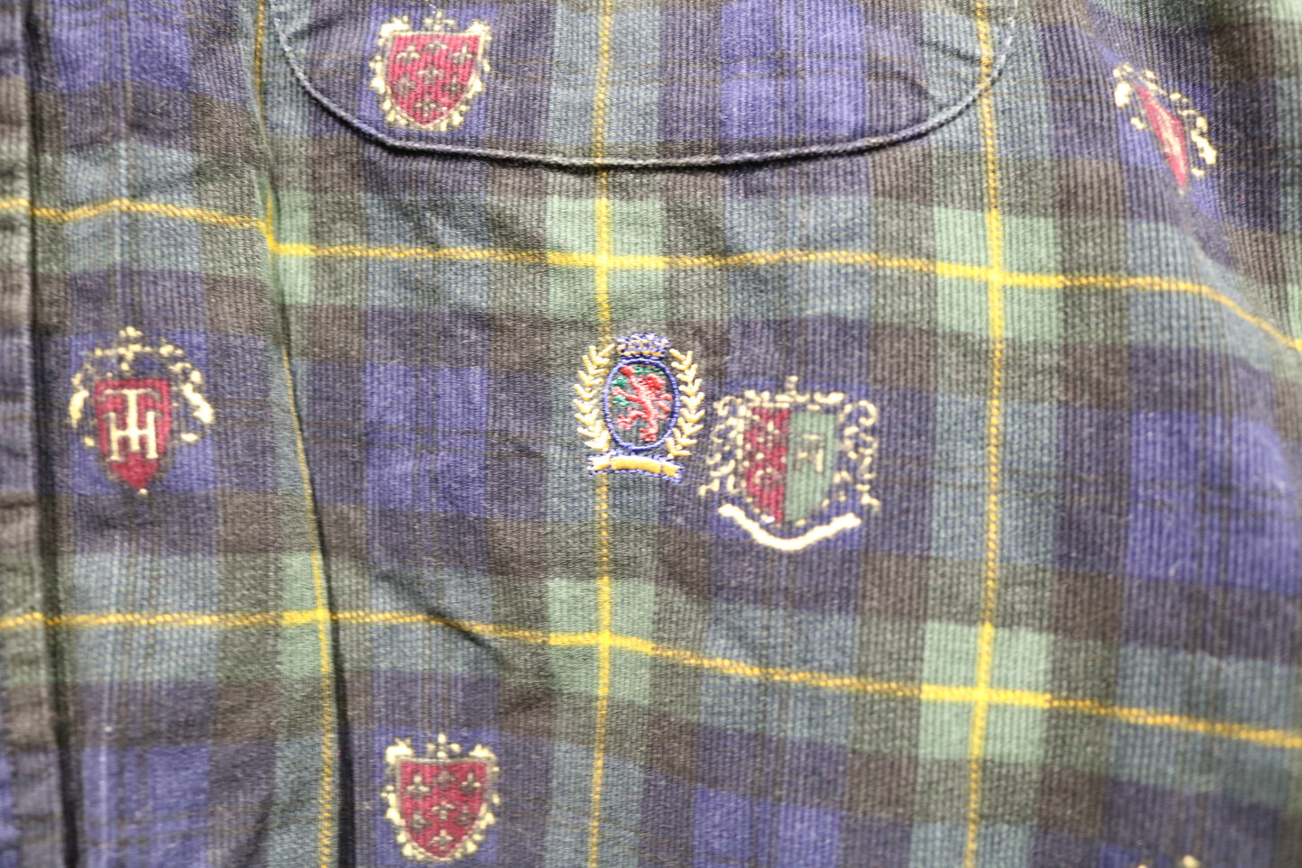 Tommy-Hilfiger Plaid Button-Up Shirt | Vintage 1990s Crest Embroidered Flannel Shirt | Men's Classic Preppy Wear