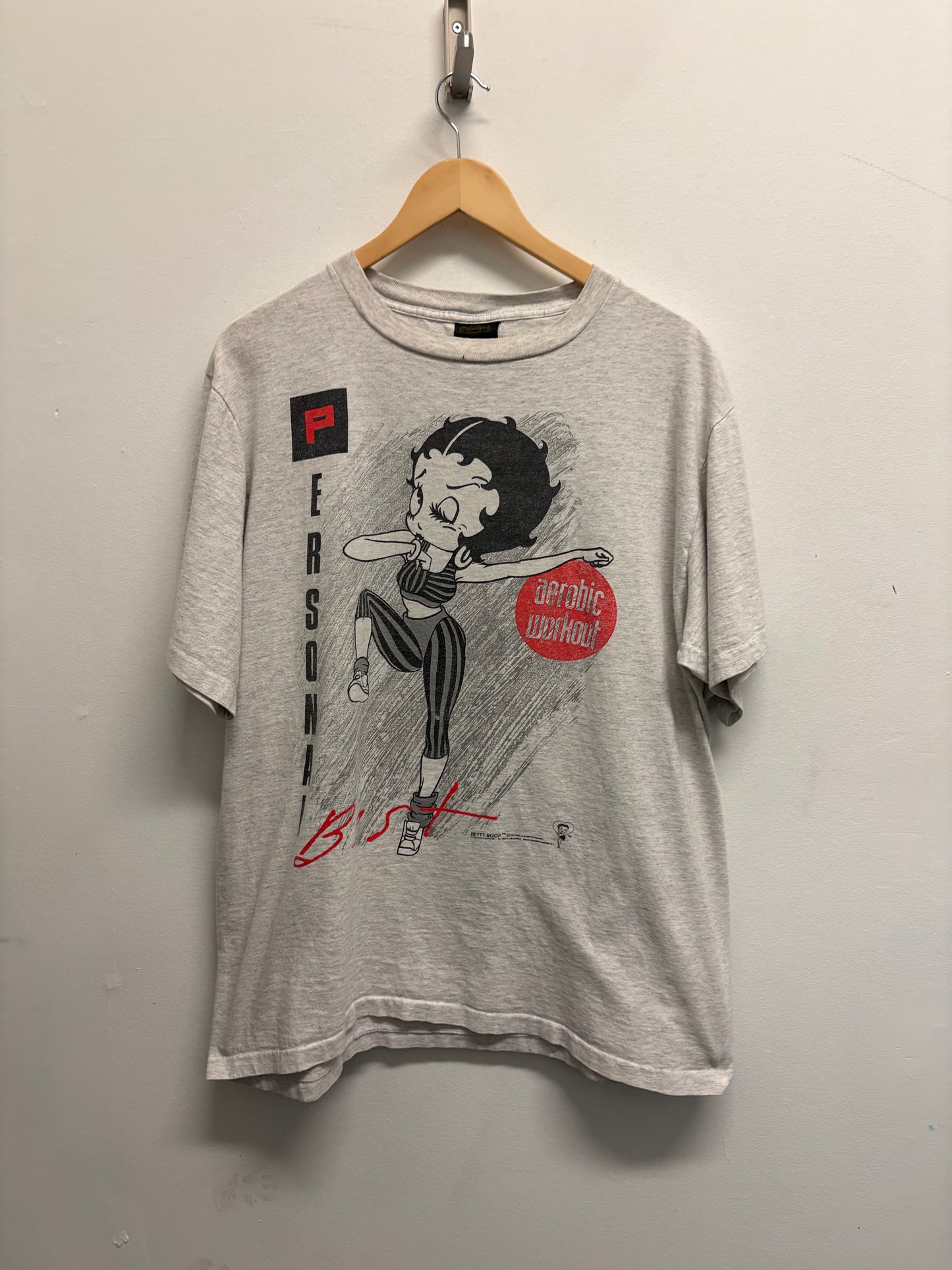 Betty-Boop Aerobic Workout T-Shirt | Vintage '90s Cartoon Fitness Graphic Tee | Classic Grey Short Sleeve