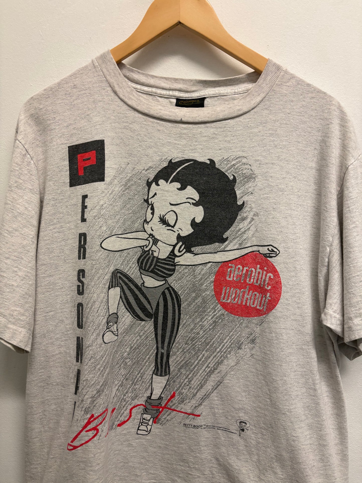 Betty-Boop Aerobic Workout T-Shirt | Vintage '90s Cartoon Fitness Graphic Tee | Classic Grey Short Sleeve