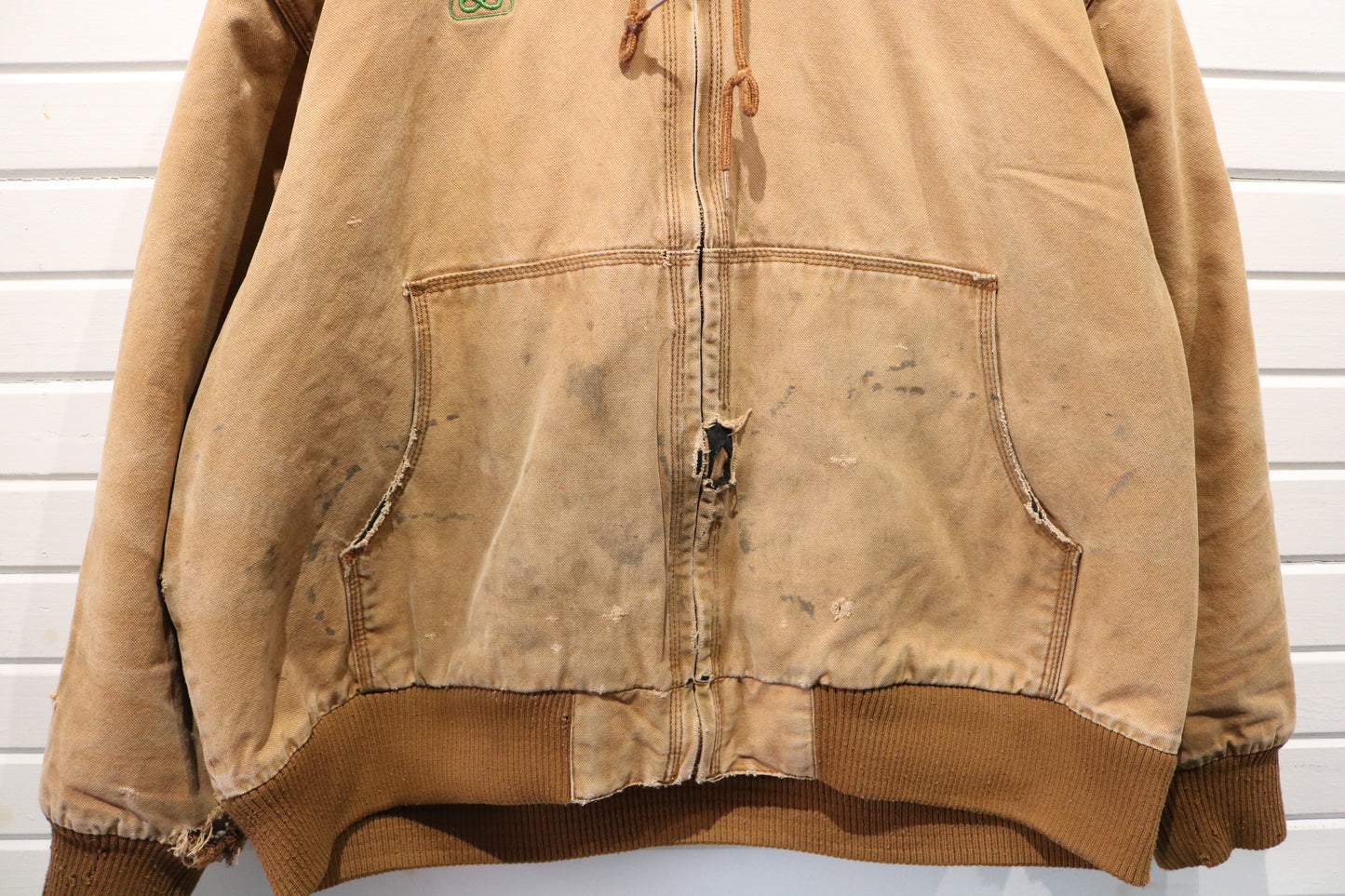 Cabela's Canvas Work Jacket | Vintage 2000s Hooded Tan Utility Zip-Up | AcreMax-1 Insect Protection Back Logo