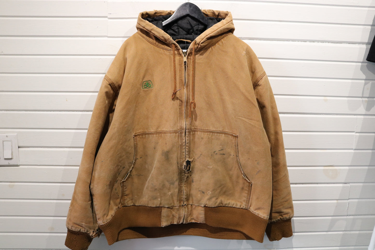 Cabela's Canvas Work Jacket | Vintage 2000s Hooded Tan Utility Zip-Up | AcreMax-1 Insect Protection Back Logo