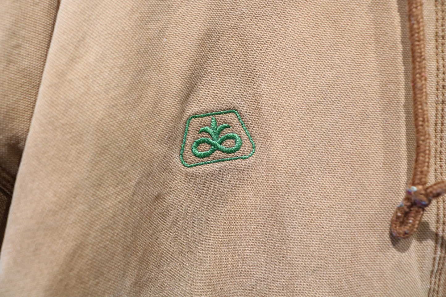 Cabela's Canvas Work Jacket | Vintage 2000s Hooded Tan Utility Zip-Up | AcreMax-1 Insect Protection Back Logo