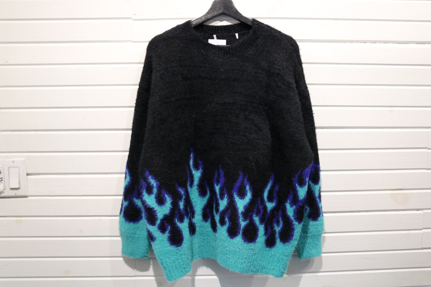 Flame Pattern Sweater | Vintage 2000s Shaggy Knit Crewneck Pullover | Blue Teal Fire Graphic Sweater