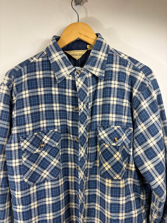 Timber-Run Plaid Button-Up Shirt | Vintage Quilted Lined Workwear Flannel | Men's Classic Blue Check Shirt