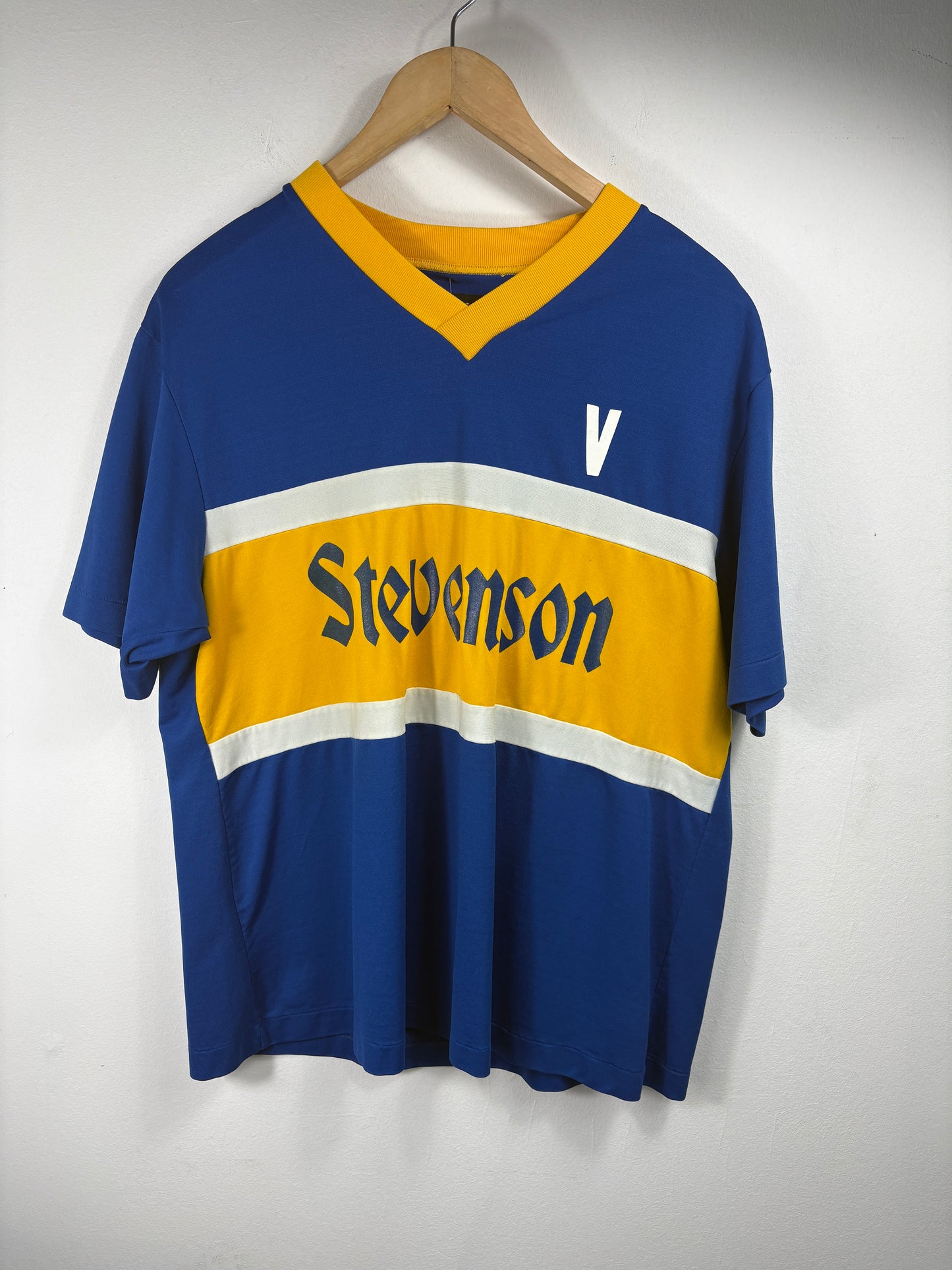 Stevenson Jersey Shirt | Vintage 1970s Swingster Blue-Yellow Athletic Top | Retro Sportswear