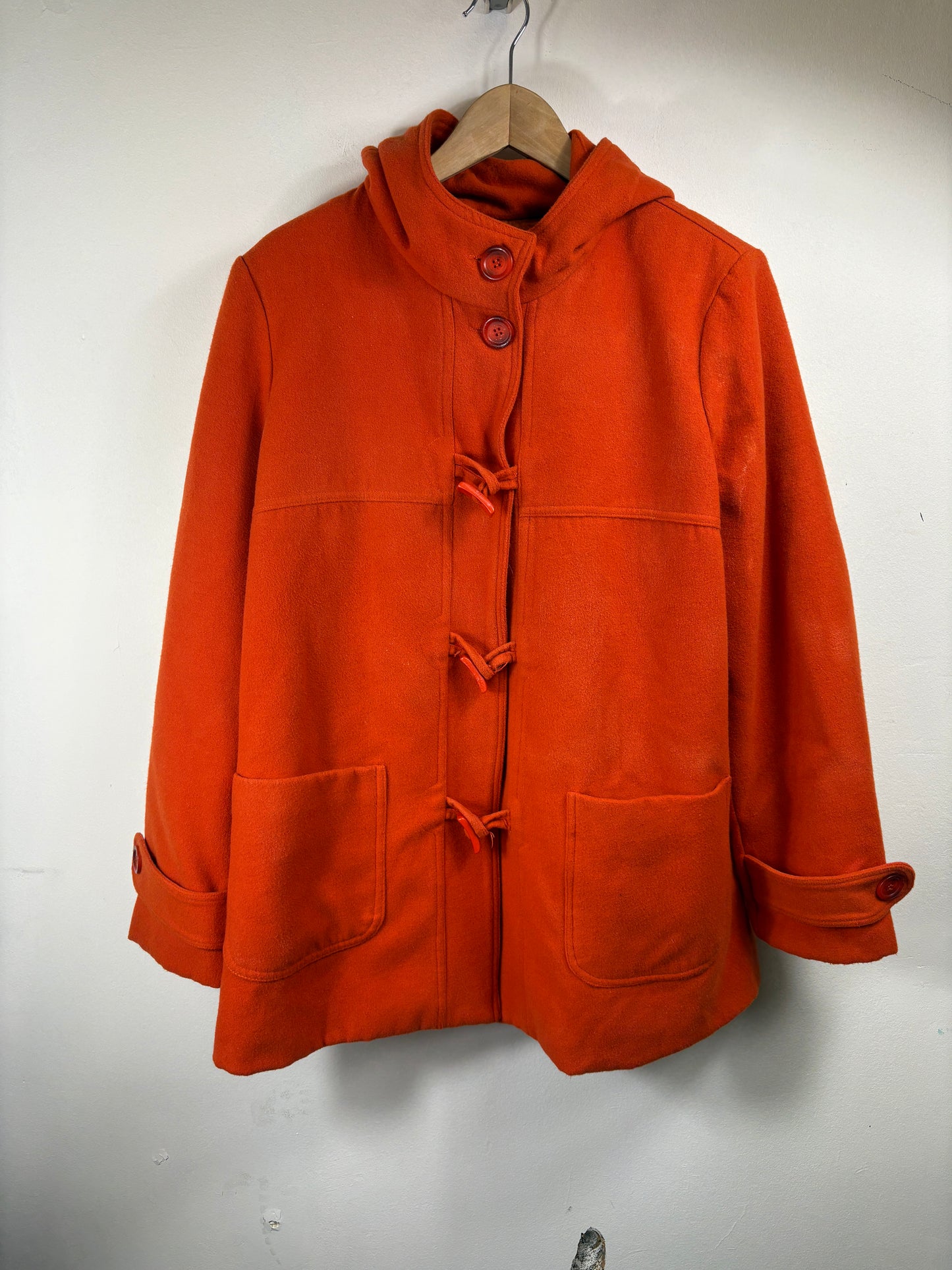 Cartise Wool Duffle Coat | Vintage 90s Hooded Toggle Jacket | Bright Orange Outerwear