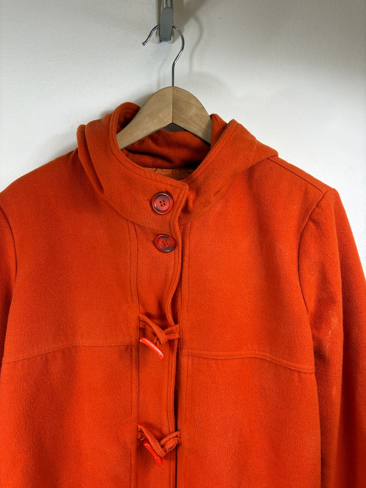 Cartise Wool Duffle Coat | Vintage 90s Hooded Toggle Jacket | Bright Orange Outerwear