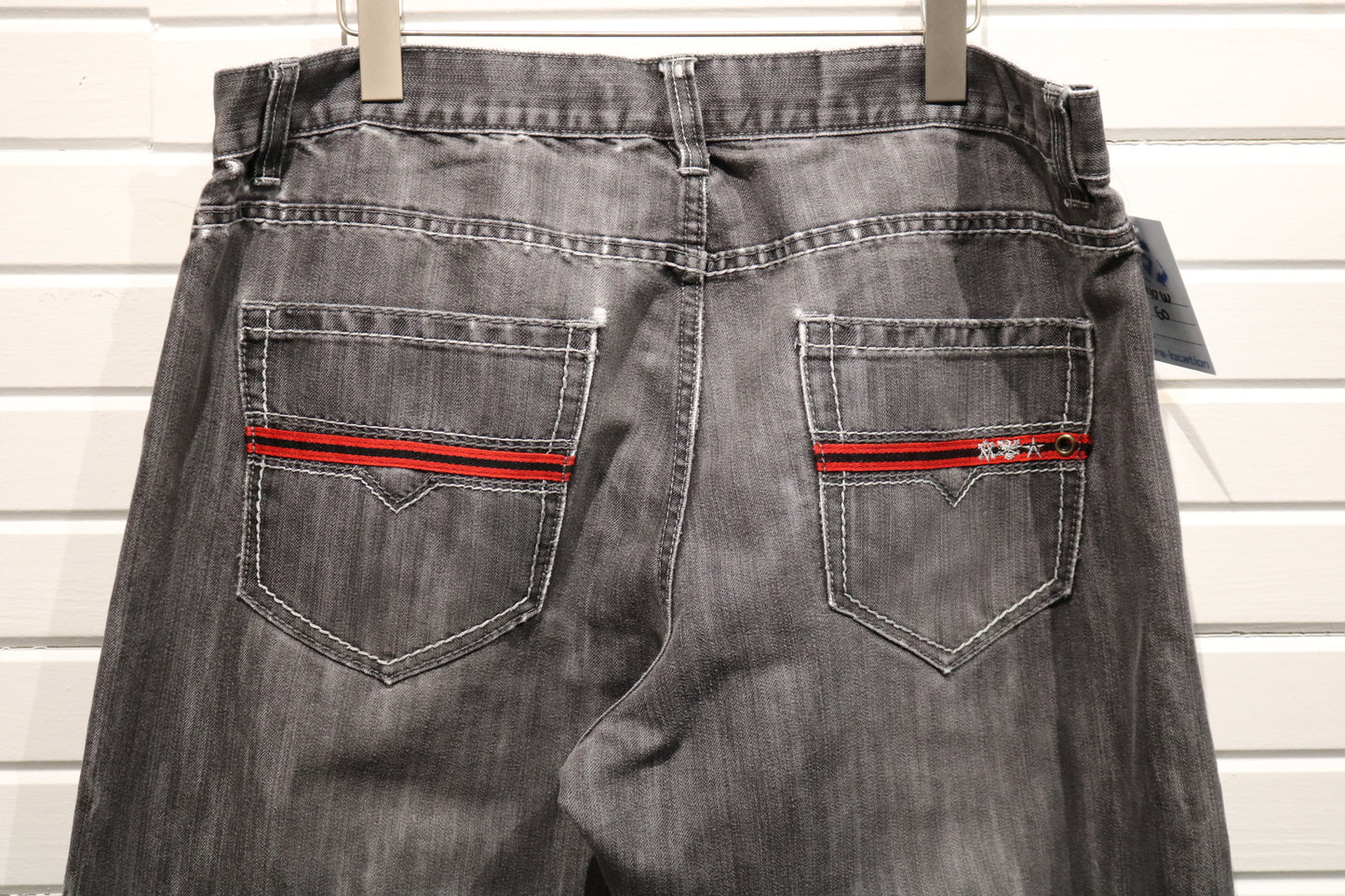 Avirex Jeans | Vintage 2000s Grey Wide-Leg Denim Pants with Red Pocket Accents | Distressed Hem Urban Style