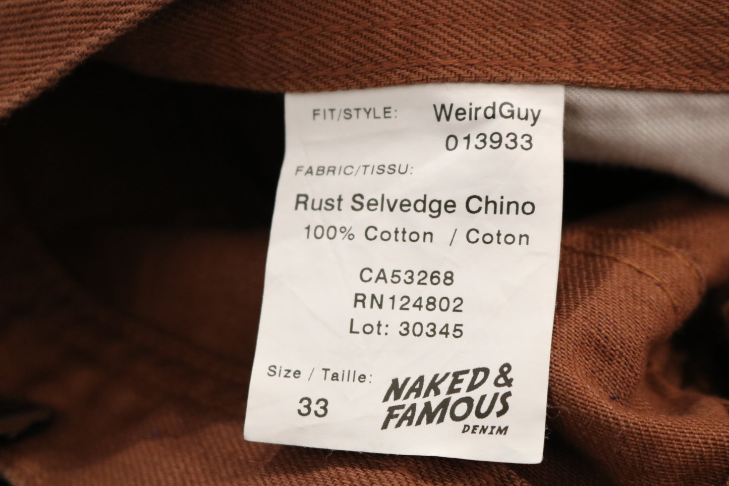 Naked-Famous Rust Selvedge Chino Pants | Vintage WeirdGuy Classic Workwear Trousers | Men's Cotton Straight Fit