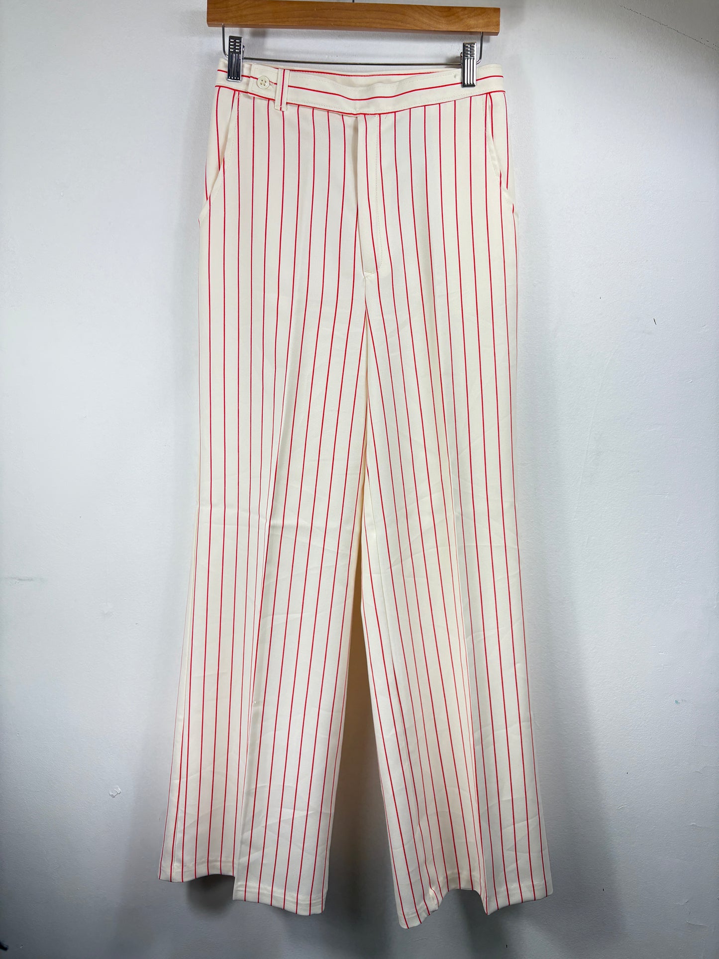 Sears JR. Bazaar Pants | Vintage 1970s Red Pinstripe Wide-Leg Trousers | Retro Statement Bottoms