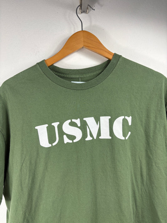 USMC T-Shirt | Vintage Military Stencil Graphic Tee | Classic Olive Green Short Sleeve Shirt | Marine Corps Fan Apparel