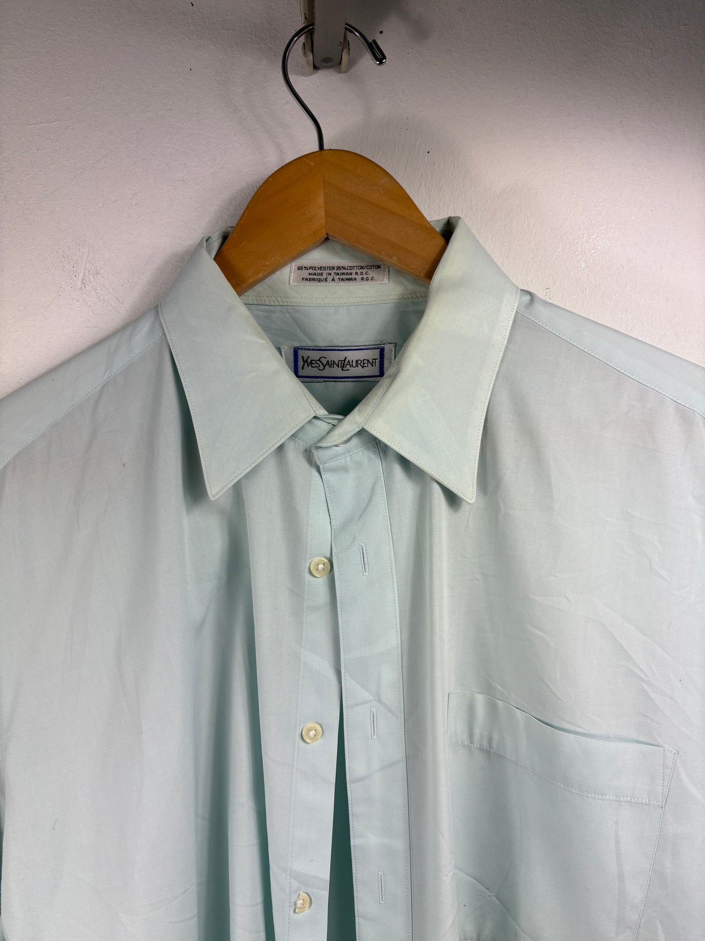 Yves-Saint-Laurent Shirt | Vintage 80s Pale Blue Button-Up Dress Shirt | Classic Long Sleeve Officewear