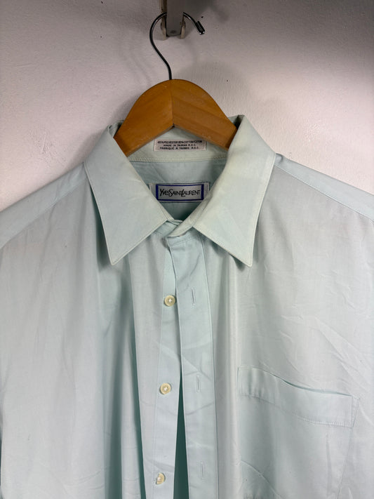 Yves-Saint-Laurent Shirt | Vintage 80s Pale Blue Button-Up Dress Shirt | Classic Long Sleeve Officewear