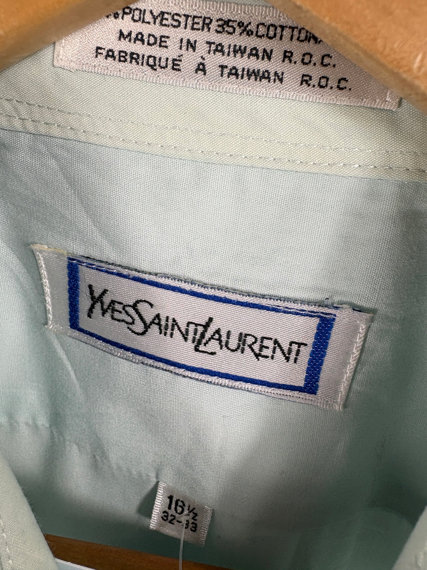 Yves-Saint-Laurent Shirt | Vintage 80s Pale Blue Button-Up Dress Shirt | Classic Long Sleeve Officewear
