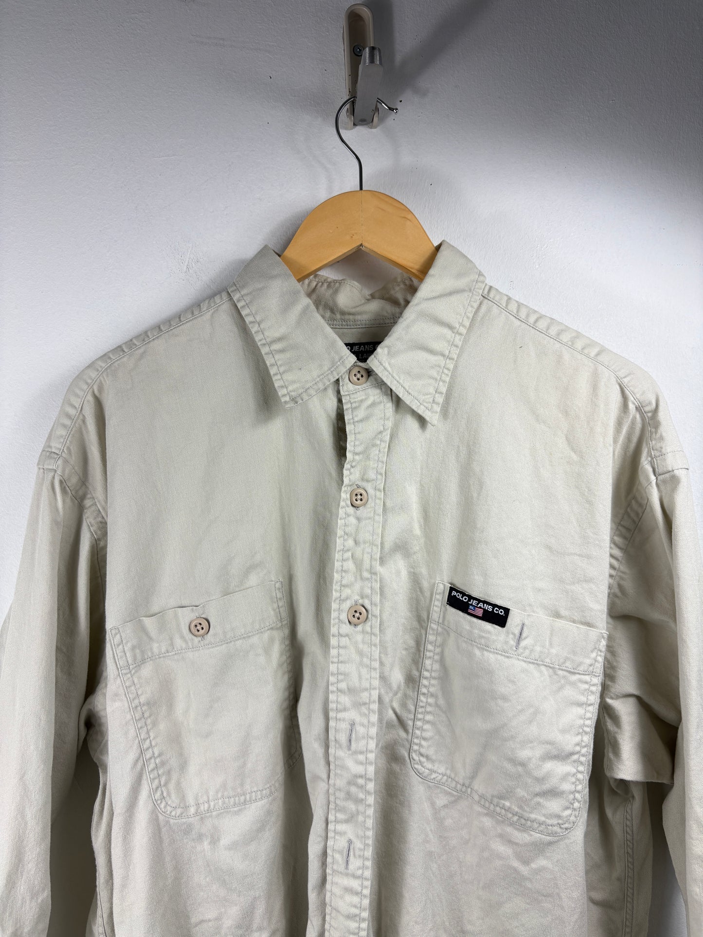 Polo Ralph-Lauren Button-Up Shirt | Vintage Classic Workwear Style Long Sleeve Shirt | Light Beige Signature Twill