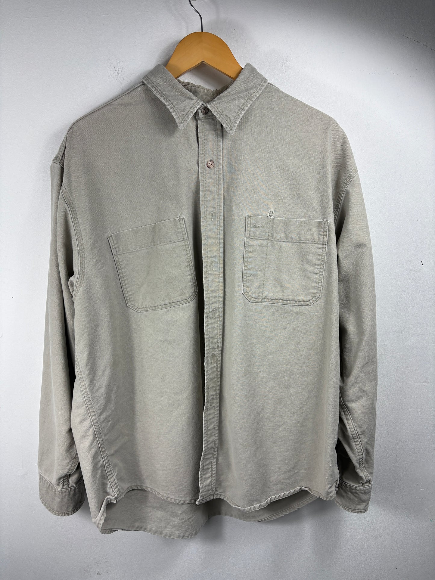 Eddie-Bauer Button-Up Shirt | Vintage 90s Heavyweight Utility Overshirt | Workwear Inspired Cotton Shirt | Taupe