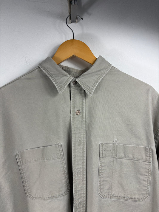 Eddie-Bauer Button-Up Shirt | Vintage 90s Heavyweight Utility Overshirt | Workwear Inspired Cotton Shirt | Taupe
