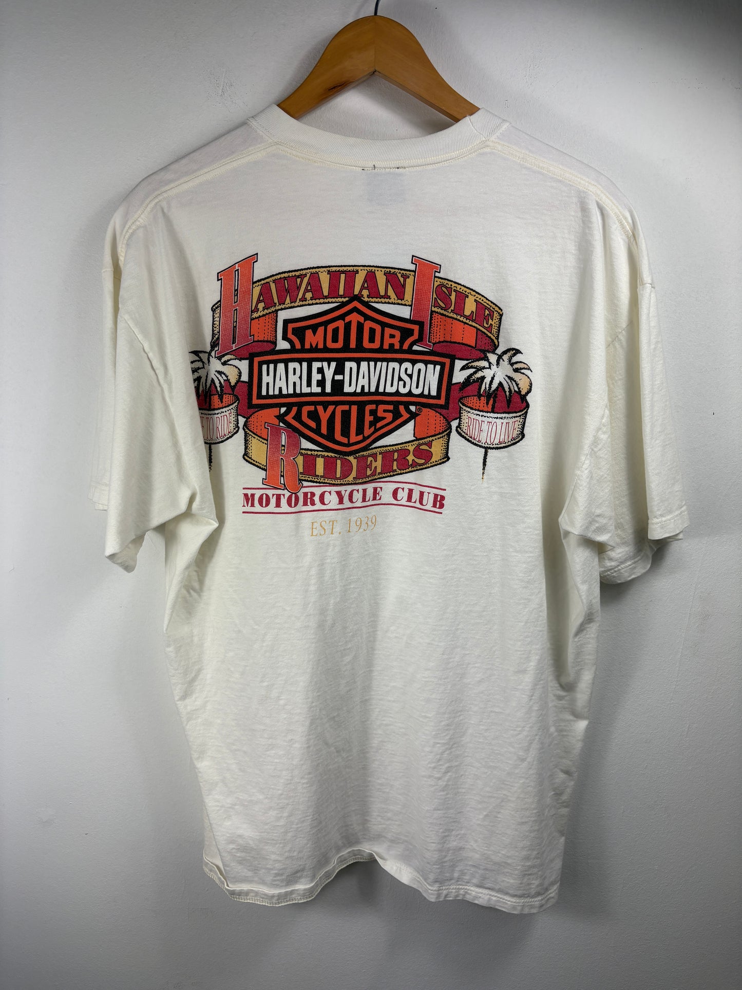 Harley-Davidson Hawaiian Isle T-Shirt | Vintage 90s Biker Graphic Tee | Motorcycle Club Shirt | Palm Tree Design