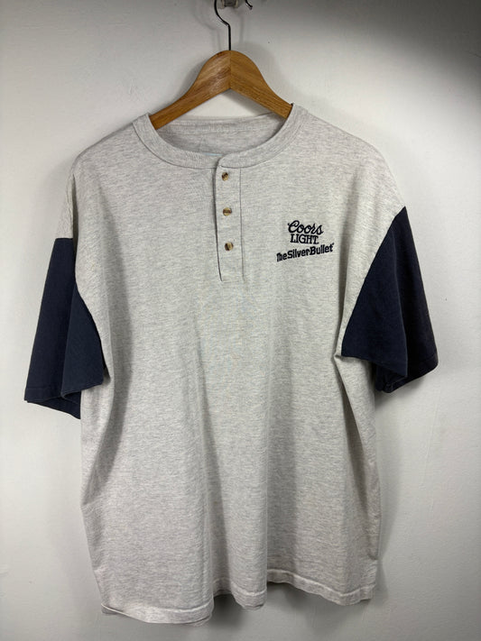 Coors-Light TheSilverBullet Henley T-Shirt | Vintage 90s Beer Logo Colorblock Tee | Casual Short Sleeve Top