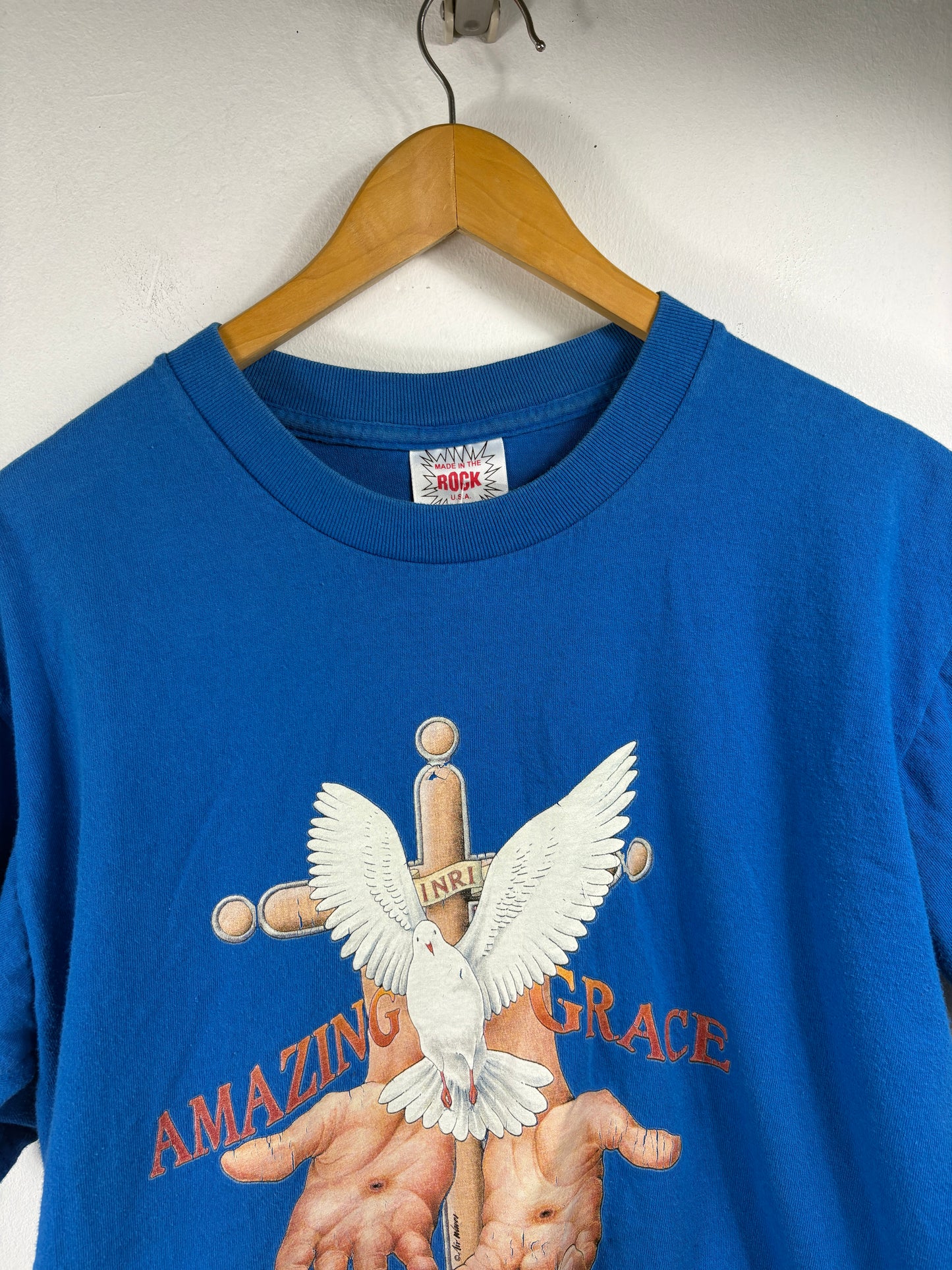 Rock Amazing-Grace T-Shirt | Vintage 90s Religious Graphic Tee | Blue Dove Cross Shirt
