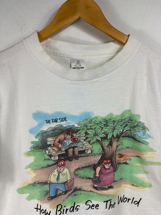 The-Far-Side Cartoon T-Shirt | Vintage 1990s Comic Graphic White Tee | How Birds See The World Cartoon Print