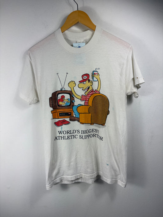 World's Biggest Athletic Supporter T-Shirt | Vintage '80s Cartoon Dad Beer Sports Graphic Tee | Classic Humorous Gift Top