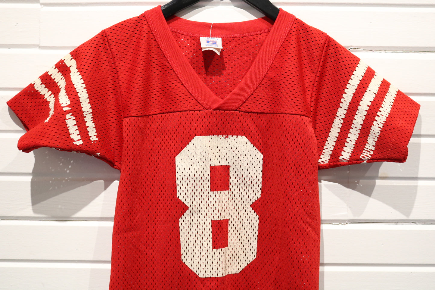 Logo-7 Mesh Jersey | Vintage 80s Red Number 8 Mesh Football Shirt | Athletic Sportswear Top