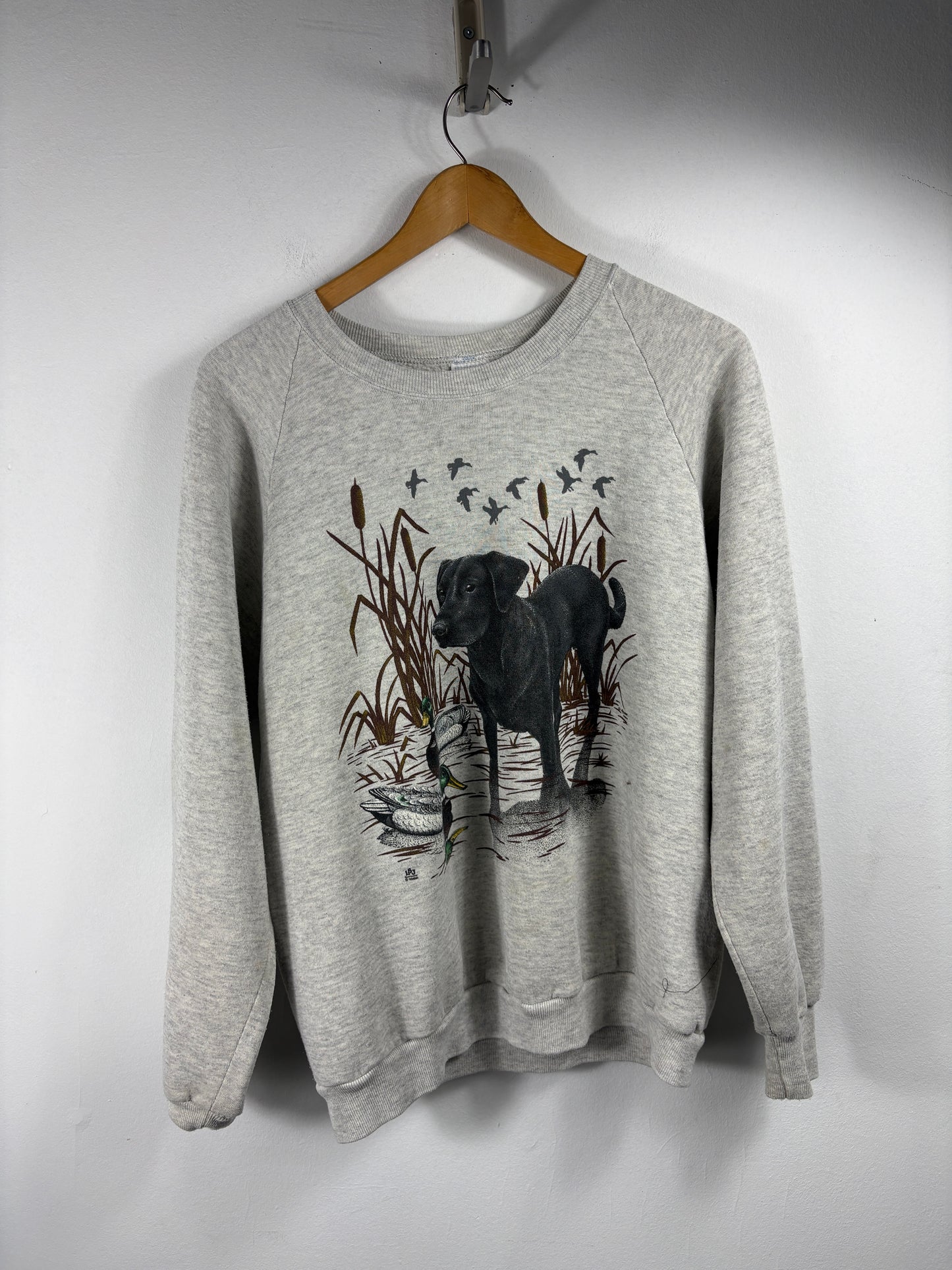 Black Lab Duck Hunting Sweatshirt | Vintage 1990s Wildlife Animal Graphic Pullover | Outdoor Dog Lover Sweater