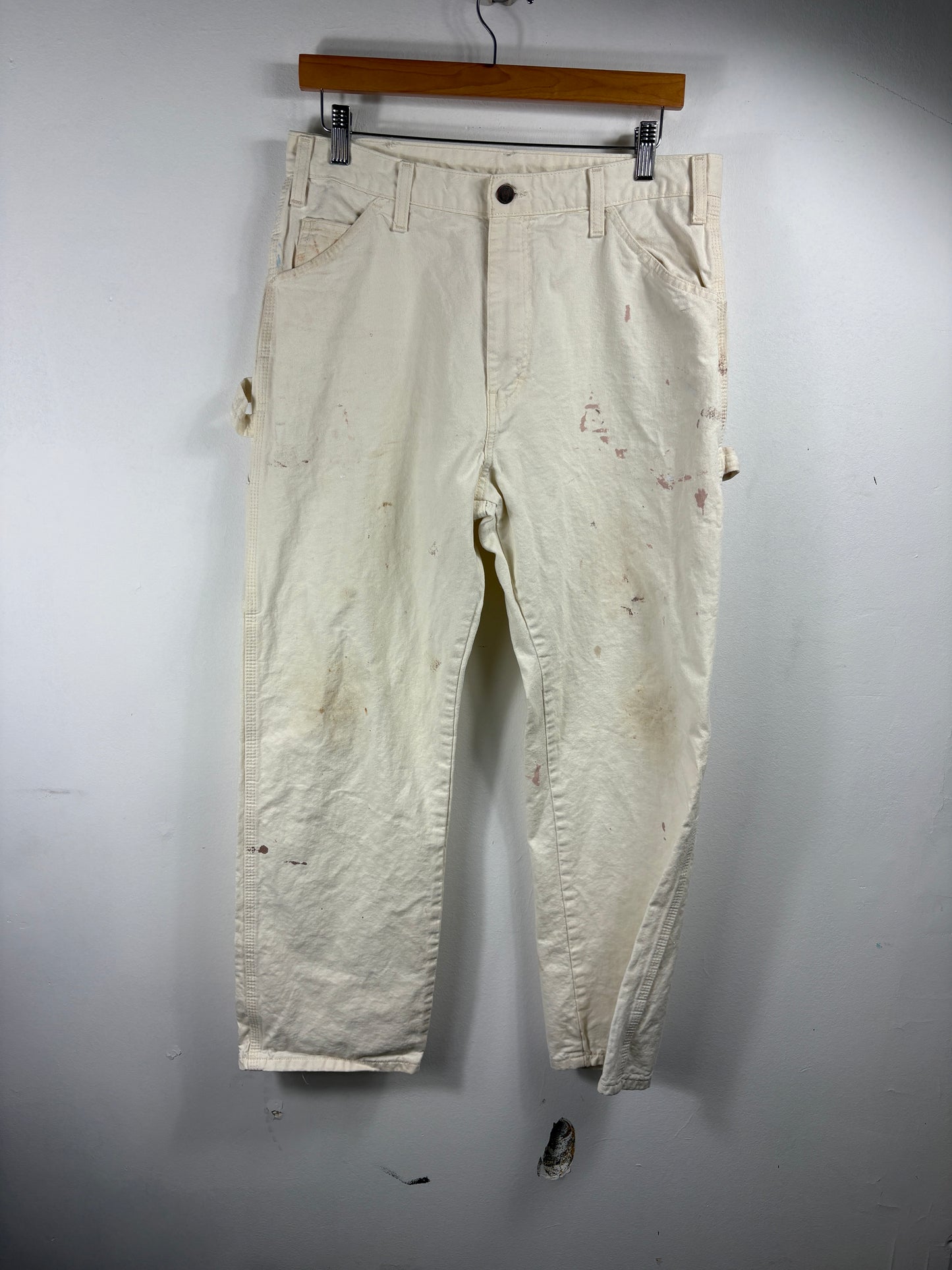 Dickies Painter Pants | Vintage Workwear Cream Utility Trousers | Distressed Paint-Stained Carpenter Bottoms
