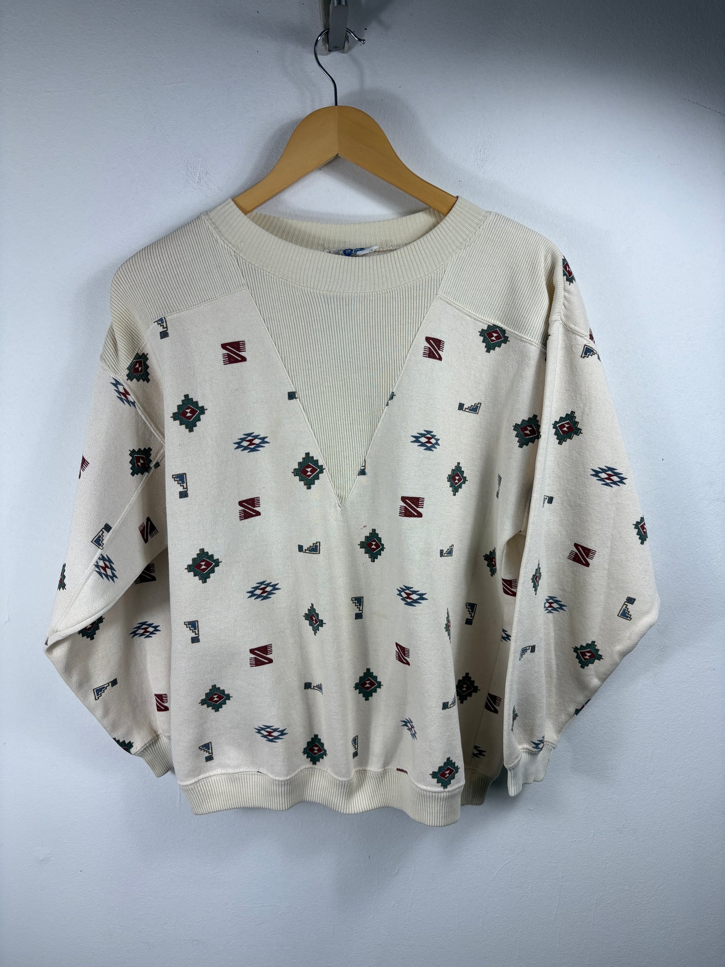 First-S2 Southwestern Sweater | Vintage 1990s Geometric Pattern Pullover | Relaxed Fit Crewneck Top