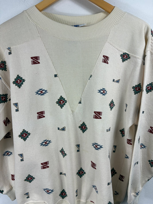 First-S2 Southwestern Sweater | Vintage 1990s Geometric Pattern Pullover | Relaxed Fit Crewneck Top