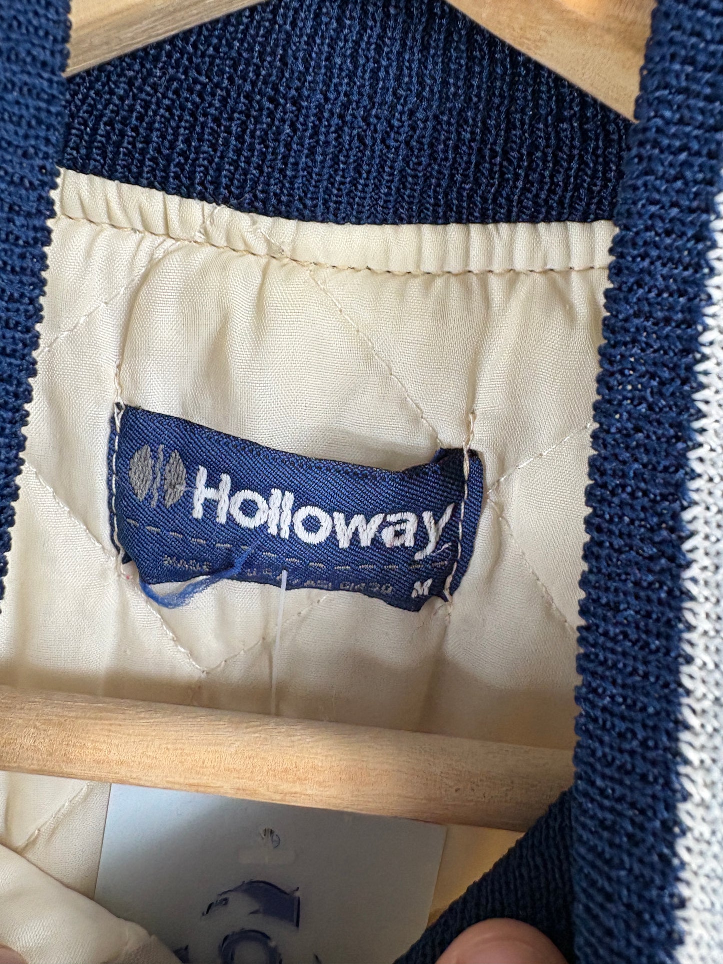 Holloway Archbold-Industries Jacket | Vintage 80s Cream Varsity Bomber | Striped Collar Snap Front Outerwear