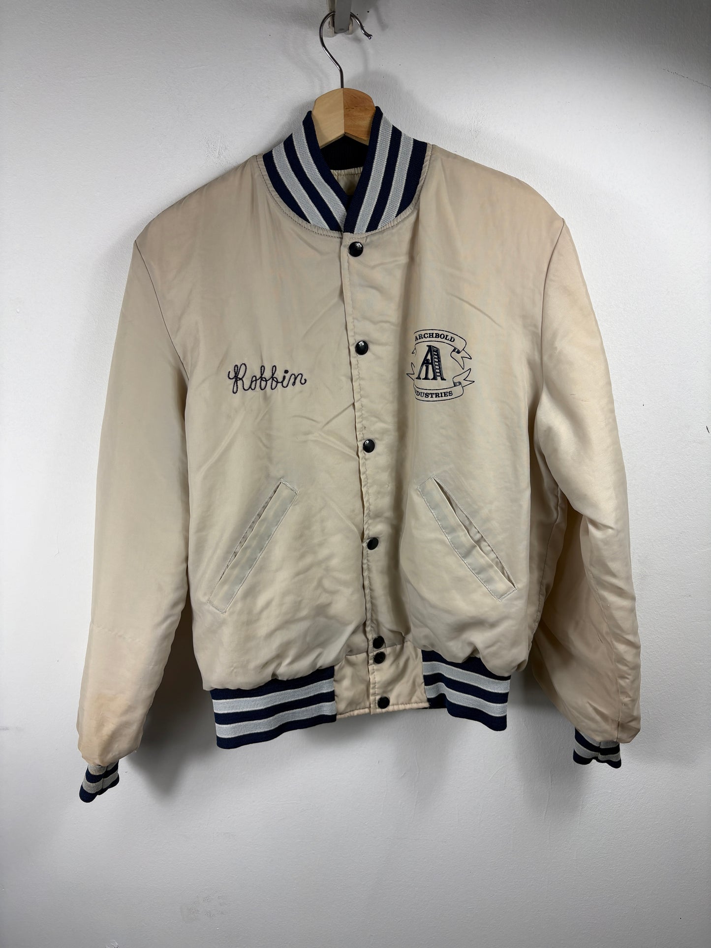 Holloway Archbold-Industries Jacket | Vintage 80s Cream Varsity Bomber | Striped Collar Snap Front Outerwear