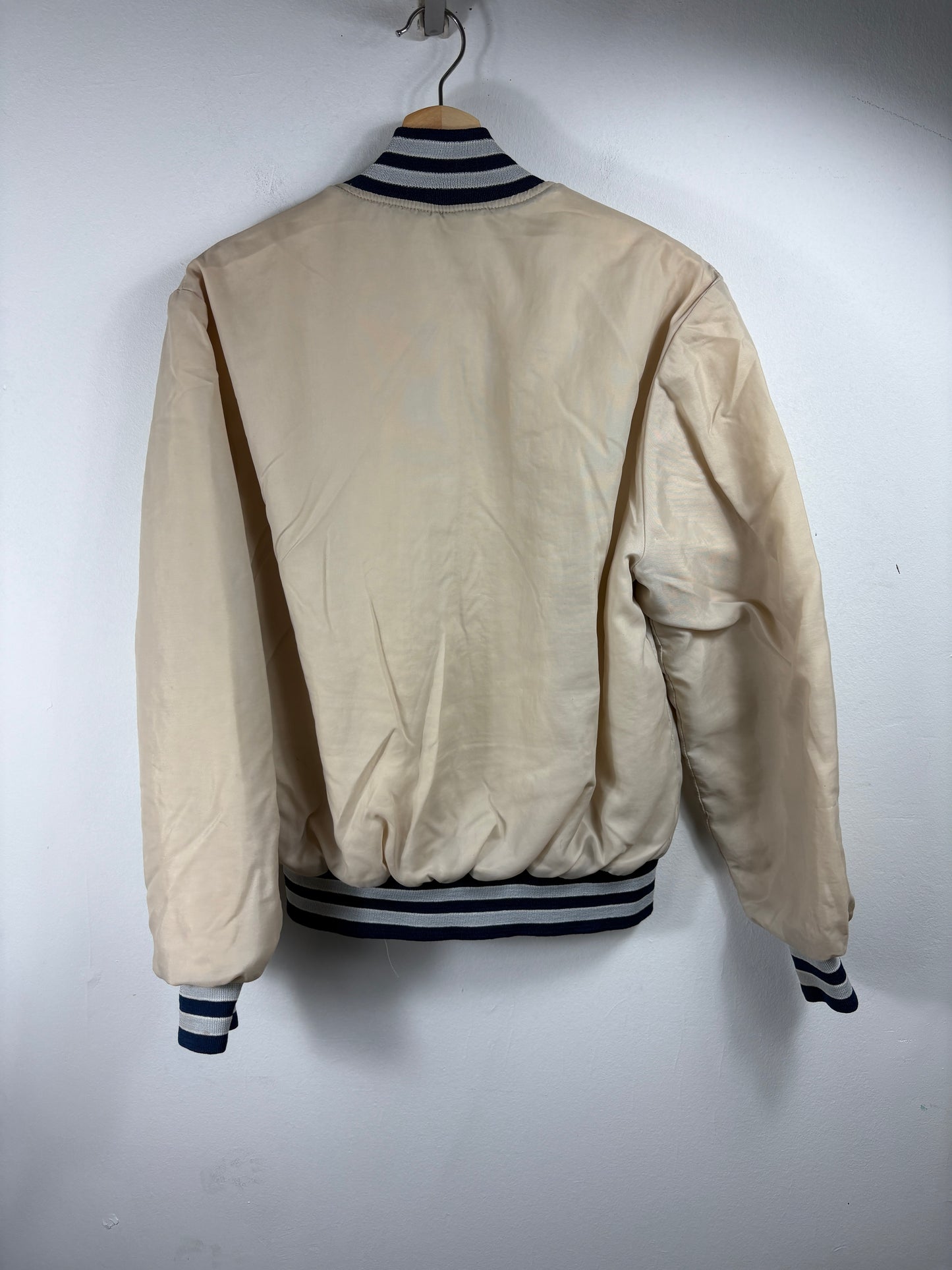 Holloway Archbold-Industries Jacket | Vintage 80s Cream Varsity Bomber | Striped Collar Snap Front Outerwear