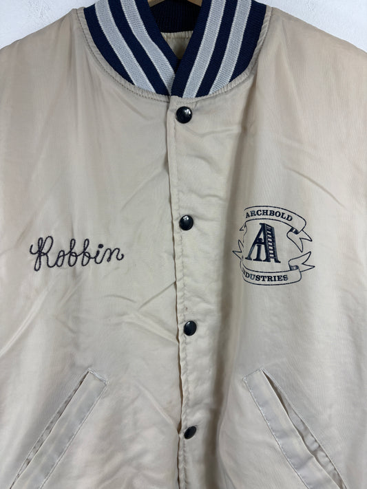 Holloway Archbold-Industries Jacket | Vintage 80s Cream Varsity Bomber | Striped Collar Snap Front Outerwear