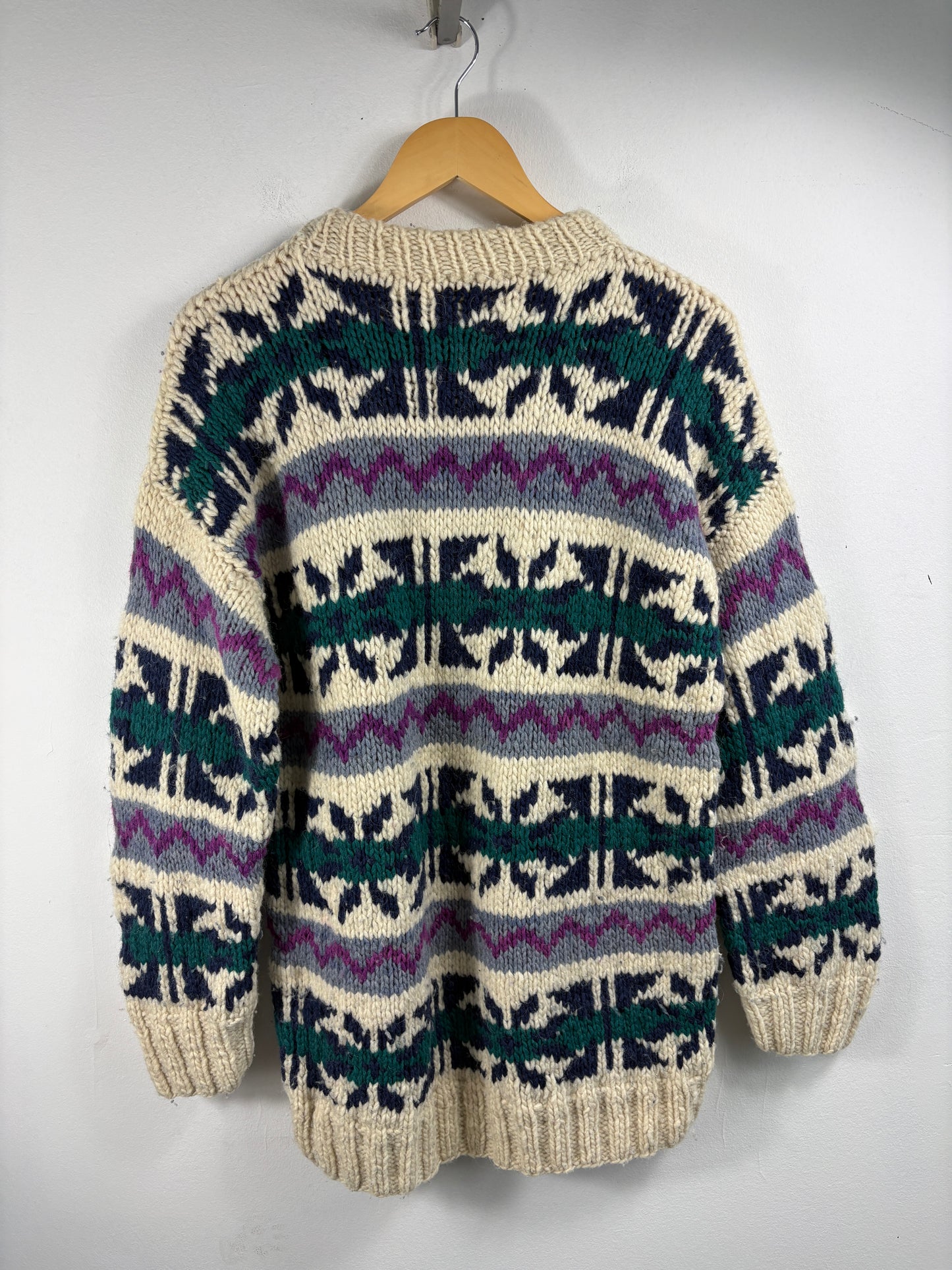 Hand-Knit Wool Sweater | Vintage 1980s Nordic Pattern Crewneck Pullover | Winter Knitwear