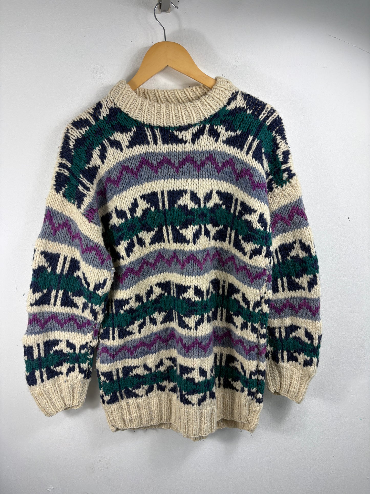 Hand-Knit Wool Sweater | Vintage 1980s Nordic Pattern Crewneck Pullover | Winter Knitwear