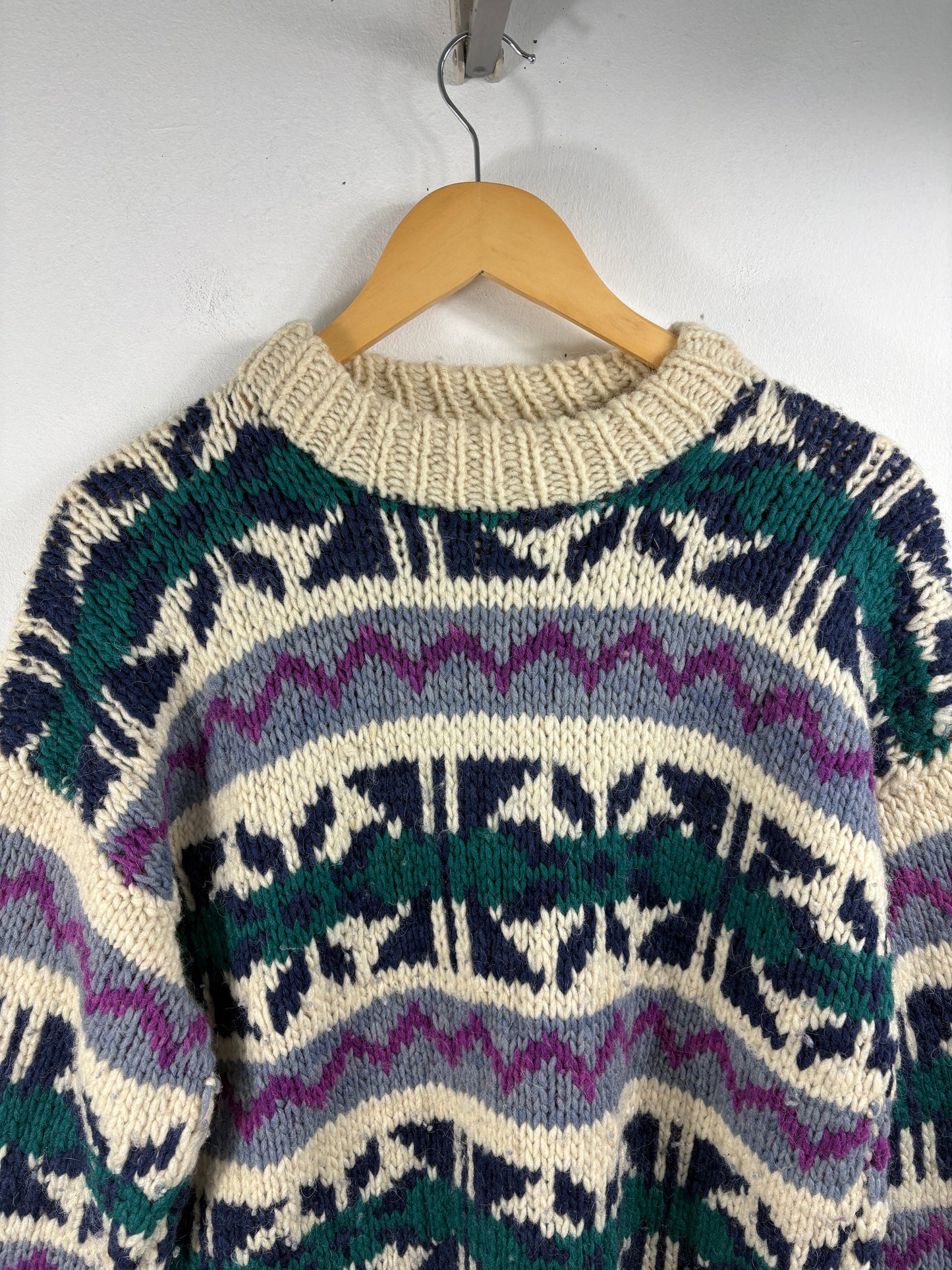 Hand-Knit Wool Sweater | Vintage 1980s Nordic Pattern Crewneck Pullover | Winter Knitwear