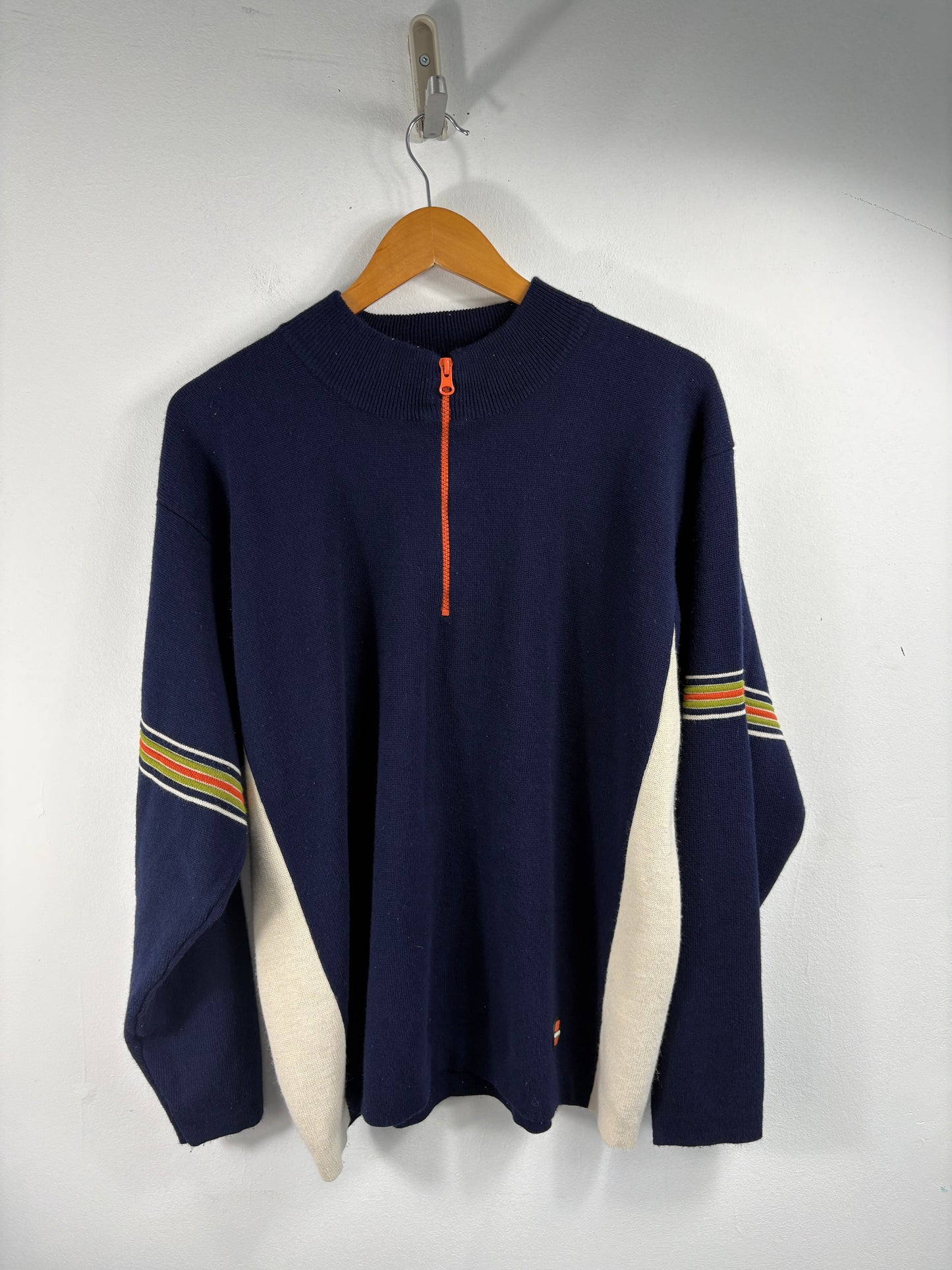 Unionbay Zip-Neck Sweater | Vintage 1990s Striped Sleeve Acrylic Knit Pullover | Classic Casual Knitwear