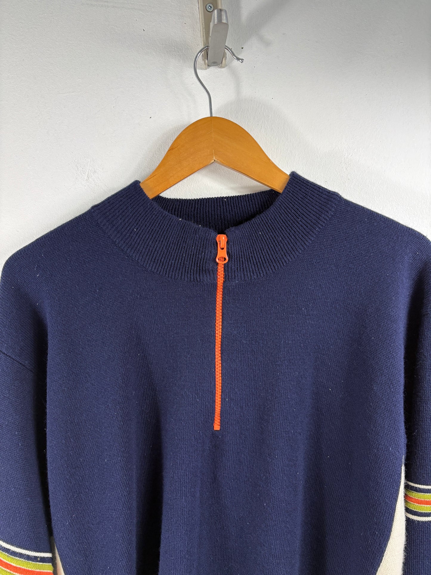 Unionbay Zip-Neck Sweater | Vintage 1990s Striped Sleeve Acrylic Knit Pullover | Classic Casual Knitwear